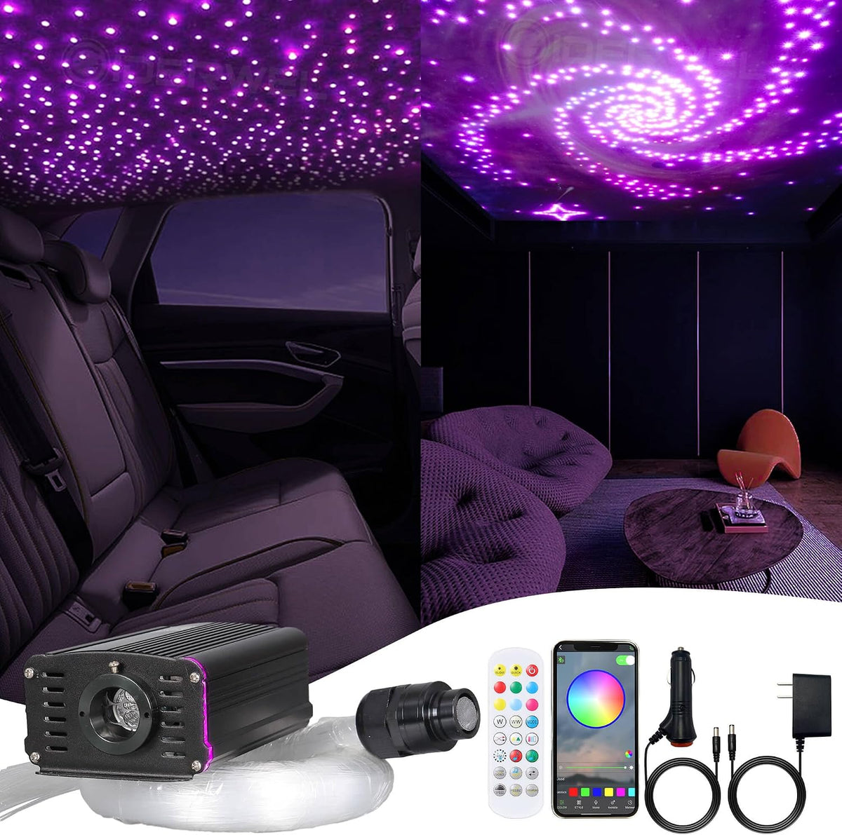 Starlit Ceiling Fiber Optic Light Kit, RGBW LED Light Source with 300 x 9.8FT Fiber Optic Strands, Bluetooth App & Remote Control, Music Sync Mode for Car Roof, Home Decoration and Parties