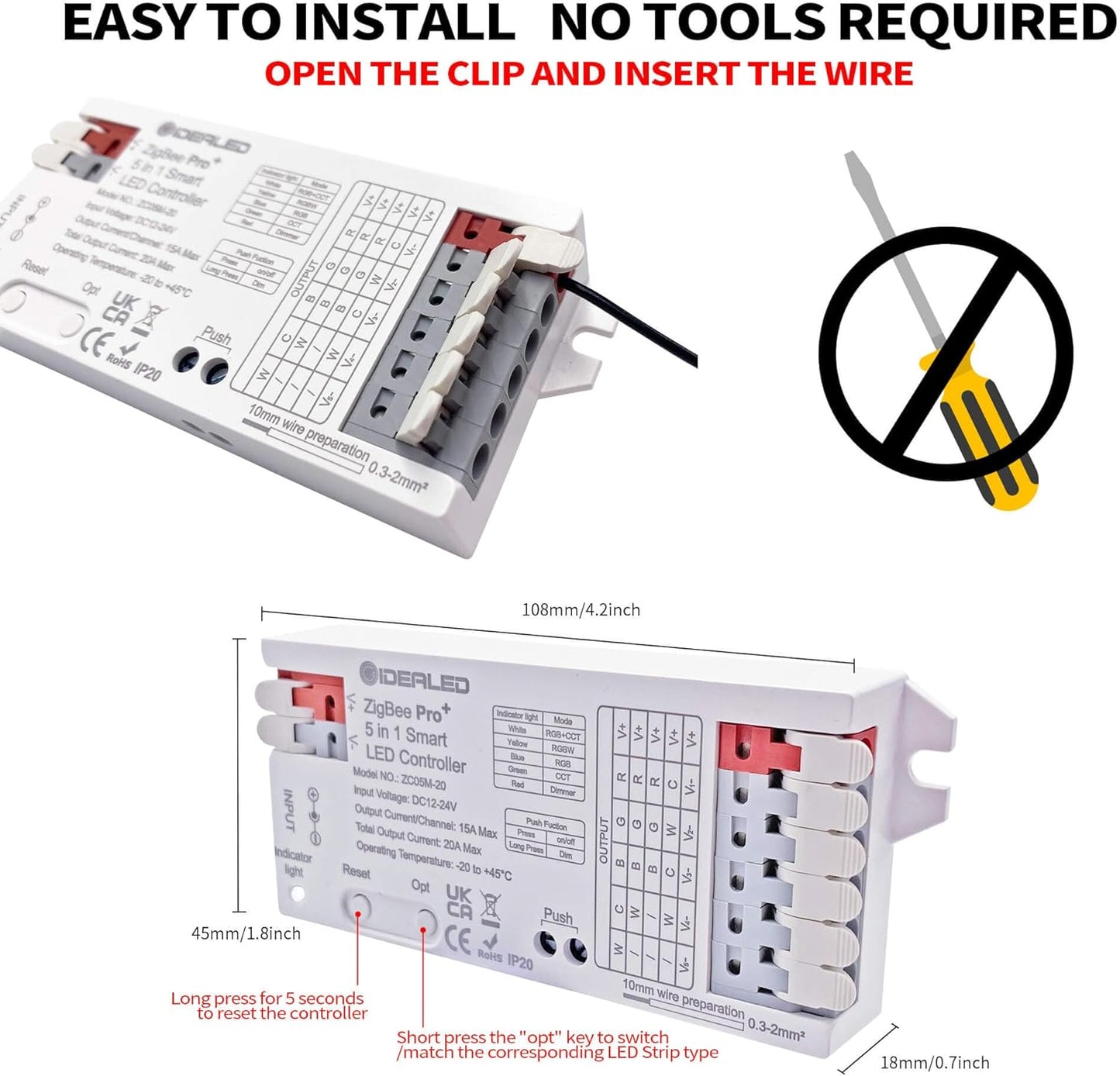 Smart ZigBee 5-in-1 LED Controller with Tool-Free Wiring