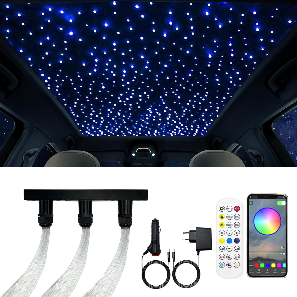Twinkle Starry Sky Fibre Optic Light for Car/Home, Star Ceiling Lights Kit with App/Remote Control/Music Mode, RGBW Alternator and 300 Pieces x 0.75 mm x 3 m Fibre Optic Cable [Energy Class G]