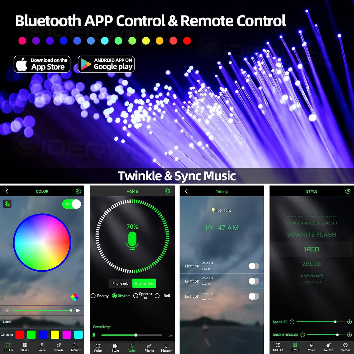 Starlit Ceiling Fiber Optic Light Kit, RGBW LED Light Source with 300 x 9.8FT Fiber Optic Strands, Bluetooth App & Remote Control, Music Sync Mode for Car Roof, Home Decoration and Parties