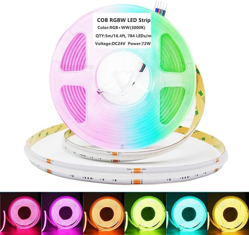 GIDEALED 24V COB RGBW LED Strip Light,Flexible High Density Uniform RGBWW LED Strip Dimmable for Ambient Lighting,RGB Warm White FCOB LED Strip 16.4ft,Don't Include Power Supply and LED Controller