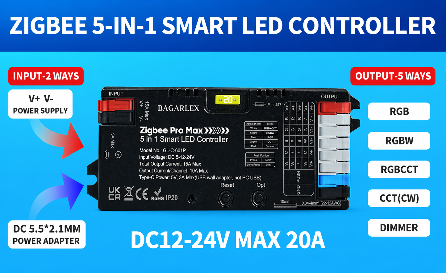 Zigbee 3.0 5-in-1 Smart LED Controller, DC 5-24V 15A High Power, Works with Alexa Google Home, for RGB/RGBW/RGBCCT/Dimmable LED Strip Lights