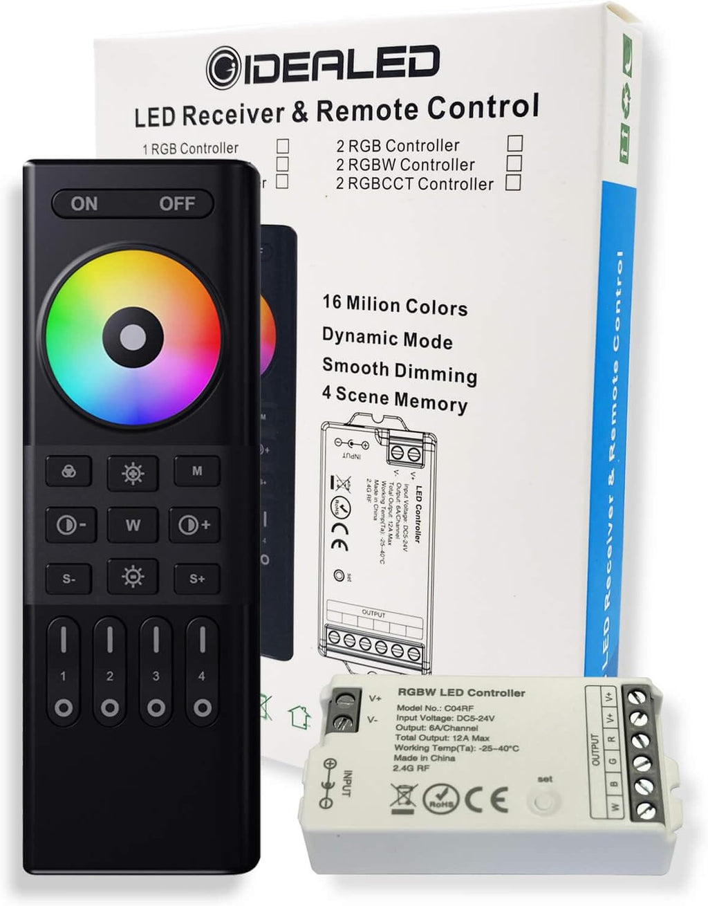 GIDEALED RGBW LED Controller with 4 Zones RF 2.4GHz Wireless Remote Control,4 Channel RGBW LED Strip Controller for FCOB COB RGB RGBW LED Strip Light Dimming & Color Changing DC5V~24V