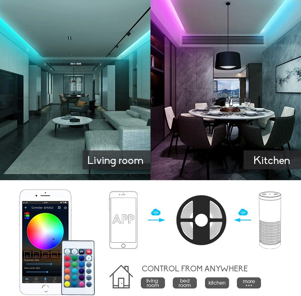 WiFi RGBW LED Controller 5 Pin 2-Output with 24-Key Remote, Alexa & Google Assistant Compatible, Voice/App Control for LED Strip Lights, Android/iOS