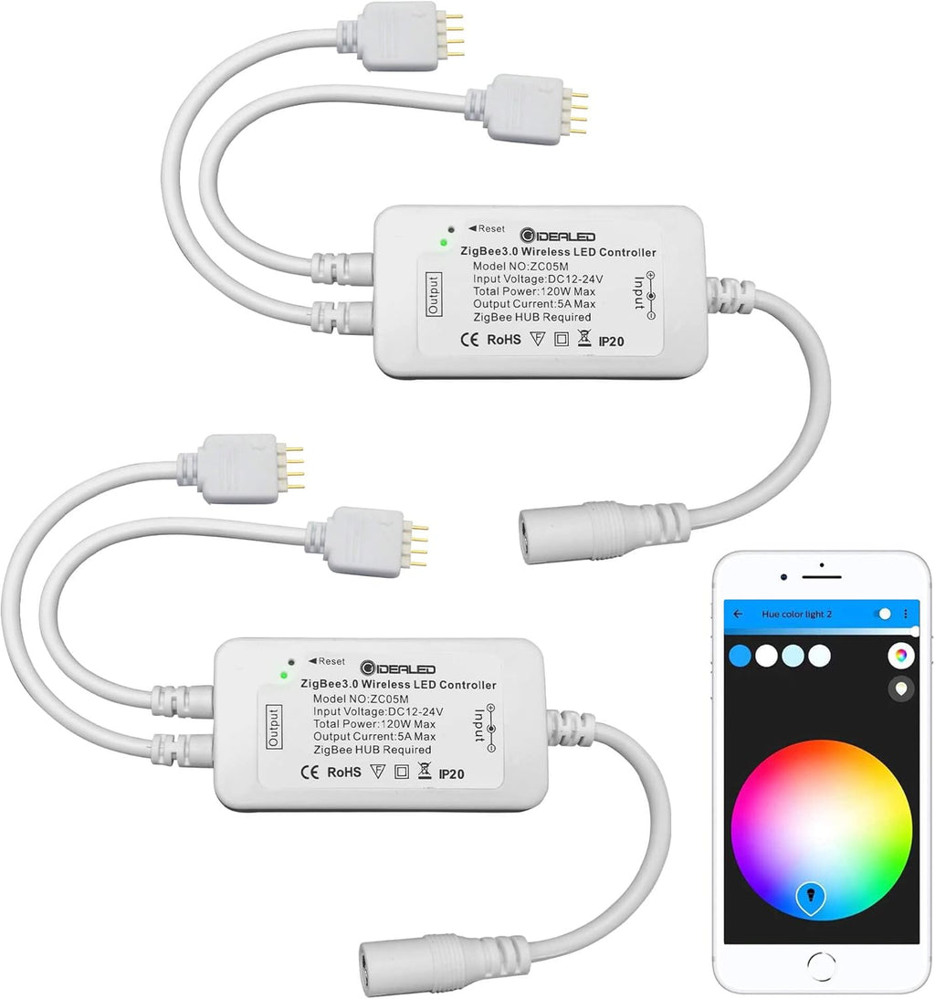 GIDEALED 2 Pack Smart ZigBee 3.0 LED Controller 2-Output for 4 Pin RGB StripLights Dimmable Compatible with Hub Bridge,Amazon Echo Plus,Echo Show(2Gen) App/Alexa Voice Control Ambiance Lighting