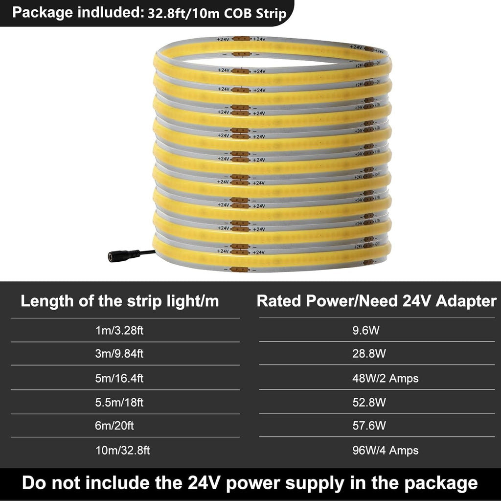 GIDEALED 32.8ft COB LED Strip Light 24V 6000K,Super Bright White LED Strip Lights Cool White,CRI 90 Flexible FCOB LED Strip for Under Cabinet Ambiance Lighting,Don't Include Power Supply&Dimmer
