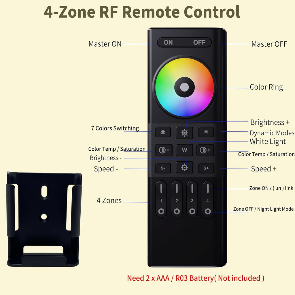 GIDEALED RGB LED Strip Controller,with 4 Zones RF 2.4G Wireless Remote Control,4 Wires COB LED Strip Controller for DC5V~24V Light Strip Color Changing Dimming 1%~100%