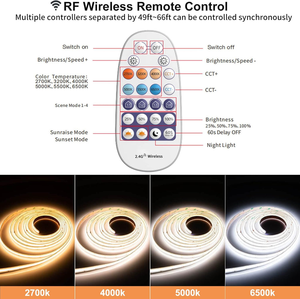 GIDEALED CCT COB LED Strip Light Dimmable Kit 2700K~6500K Warm/Cool White 24v COB LED Strip 16.4ft Tunable by RF Remote Control&Bluetooth Smart APP,Flexible 2880 LEDs Strip Include 24V Power Supply