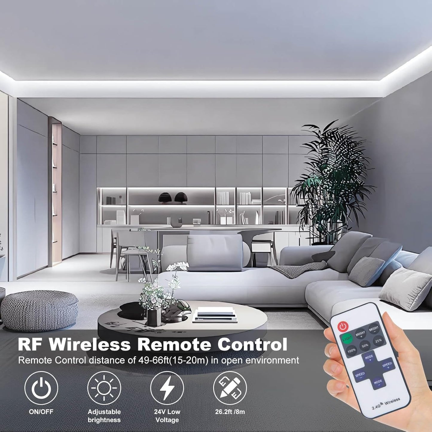26.2ft DC 24V COB LED 8M Strip Lights 6000K Dimmable with RF Remote Control/Bluetooth APP Control Kit