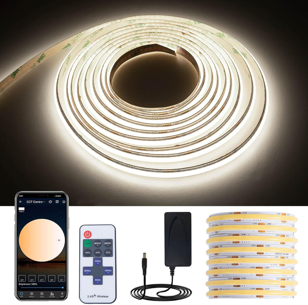 GIDEALED DC 24V COB LED Strip Lights 26.2ft Kit,4000K Daylight High Density Flexible COB LED Light Strip with RF Remote Control/Bluetooth APP Control for Home Office DIY LED Lighting Projects