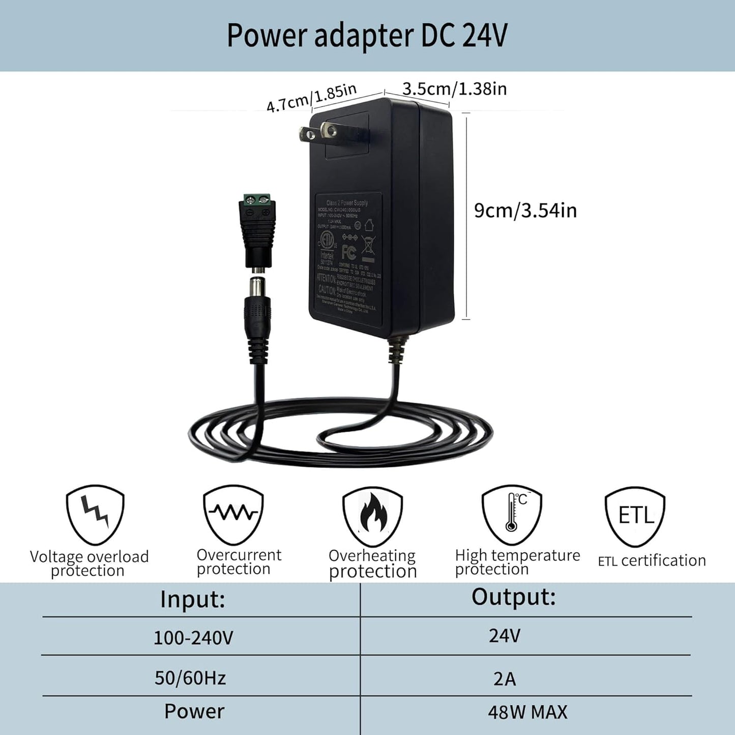 24V 2Amp  Power Supply Only Adapter for COB LED Strip Light with 5.5x2.1mm Plug in