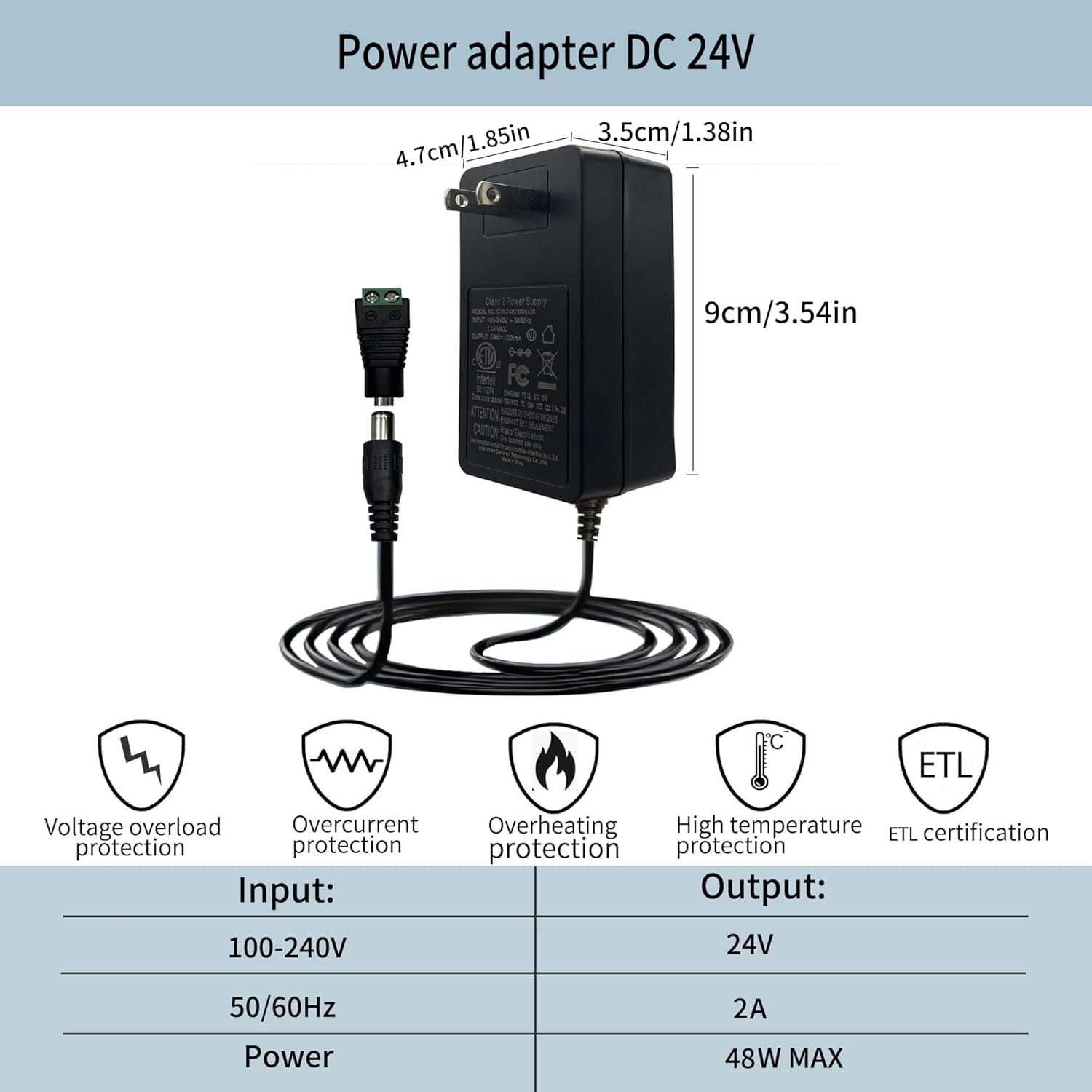 GIDEALED 24V Power Supply DC,24V 2A Power Supply 48W Adapter for COB LED Strip Light with 5.5x2.1mm Plug in Transformer,Low Voltage Safety 110vac to 24vdc Power Supply,24V 2Amp Power Supply only
