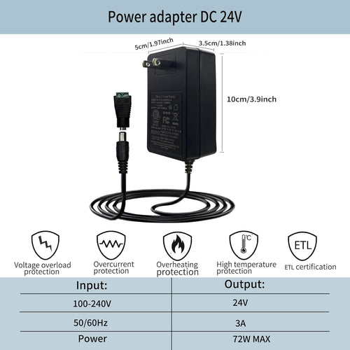 24V 3A DC Power Supply for COB LED Strip Light,24v DC LED Light Adapter with 5.5x2.1mm DC Plug