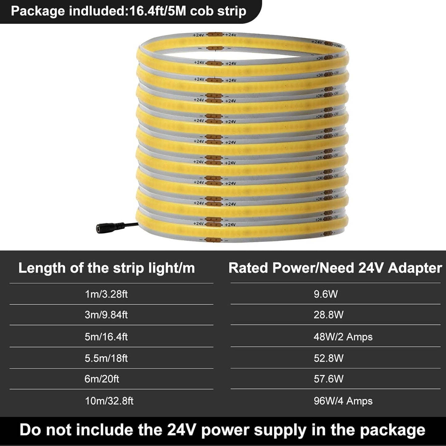 32.8ft 10M COB Daylight White LED Strip Light 4000K 24V Only