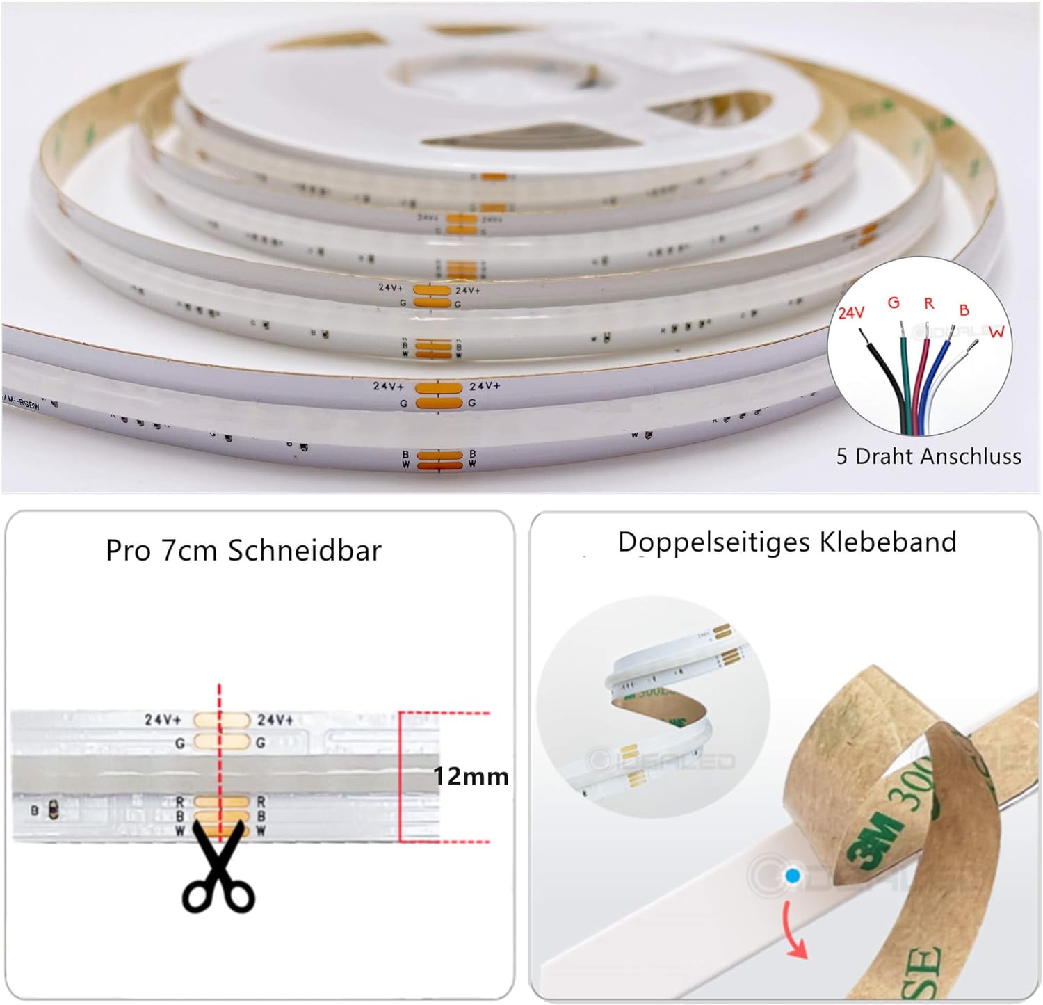 GIDEALED 24V COB RGBW LED Strip Light,Flexible High Density Uniform RGBWW LED Strip Dimmable for Ambient Lighting,RGB Warm White FCOB LED Strip 16.4ft,Don't Include Power Supply and LED Controller