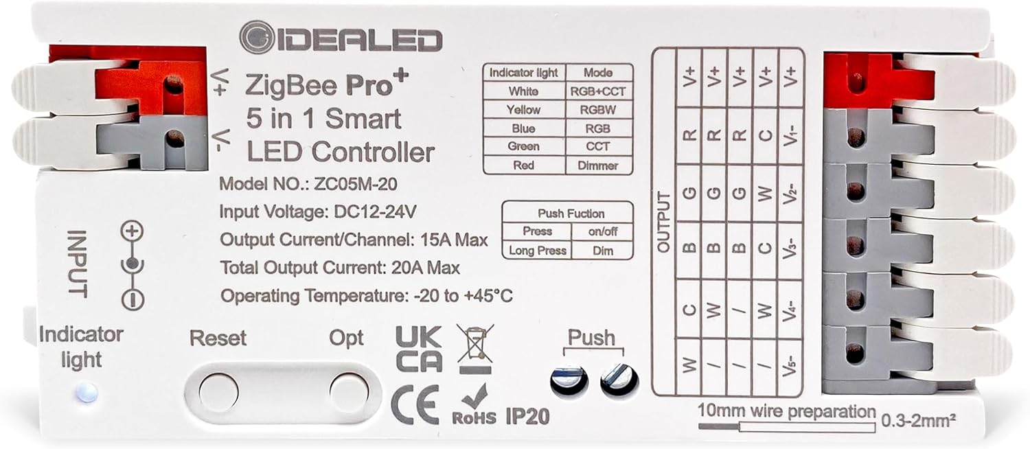 GIDEALED Smart ZigBee 3.0 LED Controller 5 in 1,Require ZigBee Hub Bridge for RGBWW RGBW RGB CCT COB LED Strip Light Dimmable 1%~100%,Support Hub APP/Alexa Echo Plus Voice Control Color Changing