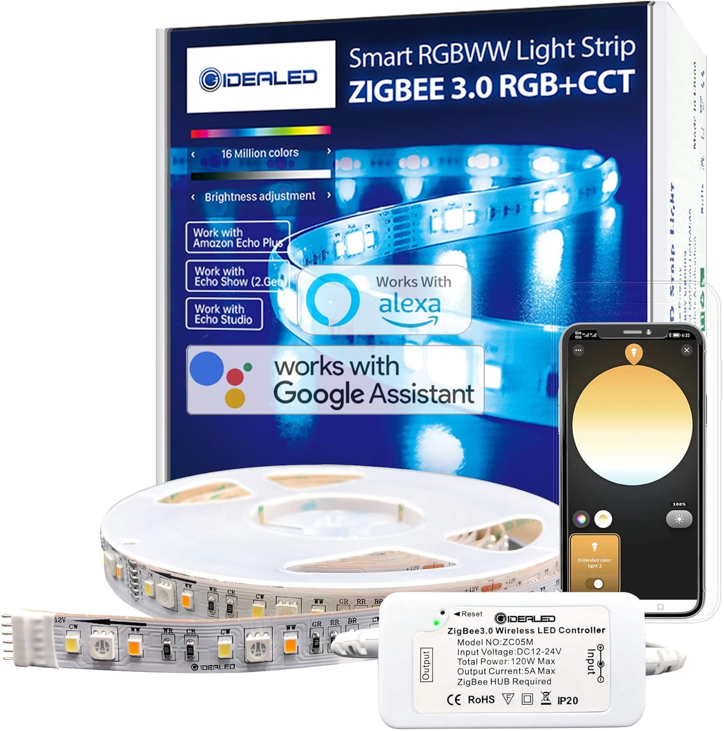 GIDEALED Smart Zigbee 3.0 RGBWW LED Strip Lights16.4ft Kit Compatible with Echo Plus Echo Studio Alexa Voice & APP Control RGB Warm White Cold White RGBCCT LED Strips Dimmable,Hub Bridge Required