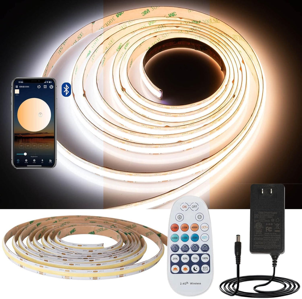 GIDEALED CCT COB LED Strip Light Dimmable Kit 2700K~6500K Warm/Cool White 24v COB LED Strip 16.4ft Tunable by RF Remote Control&Bluetooth Smart APP,Flexible 2880 LEDs Strip Include 24V Power Supply