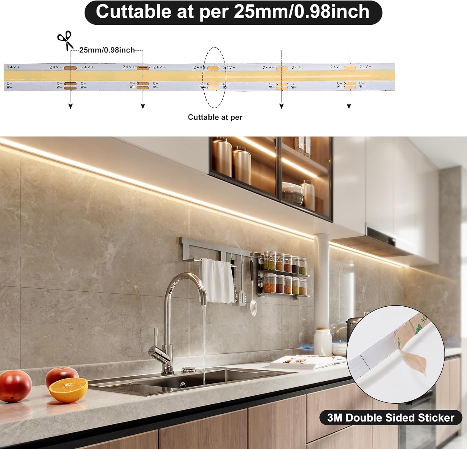 GIDEALED CCT COB LED Strip Light Dimmable Kit 2700K~6500K Warm/Cool White 24v COB LED Strip 16.4ft Tunable by RF Remote Control&Bluetooth Smart APP,Flexible 2880 LEDs Strip Include 24V Power Supply