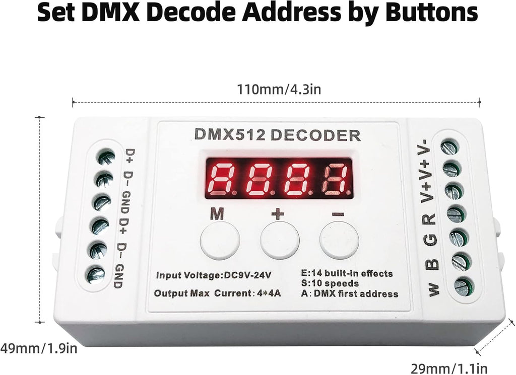 GIDEALED 4 Channel DMX Decoder with RDM Digital Display,DMX512 Dimmer Driver PWM RGBW LED Controller for RGBW LED Strip Light LED Module Light Input 9V-24VDC