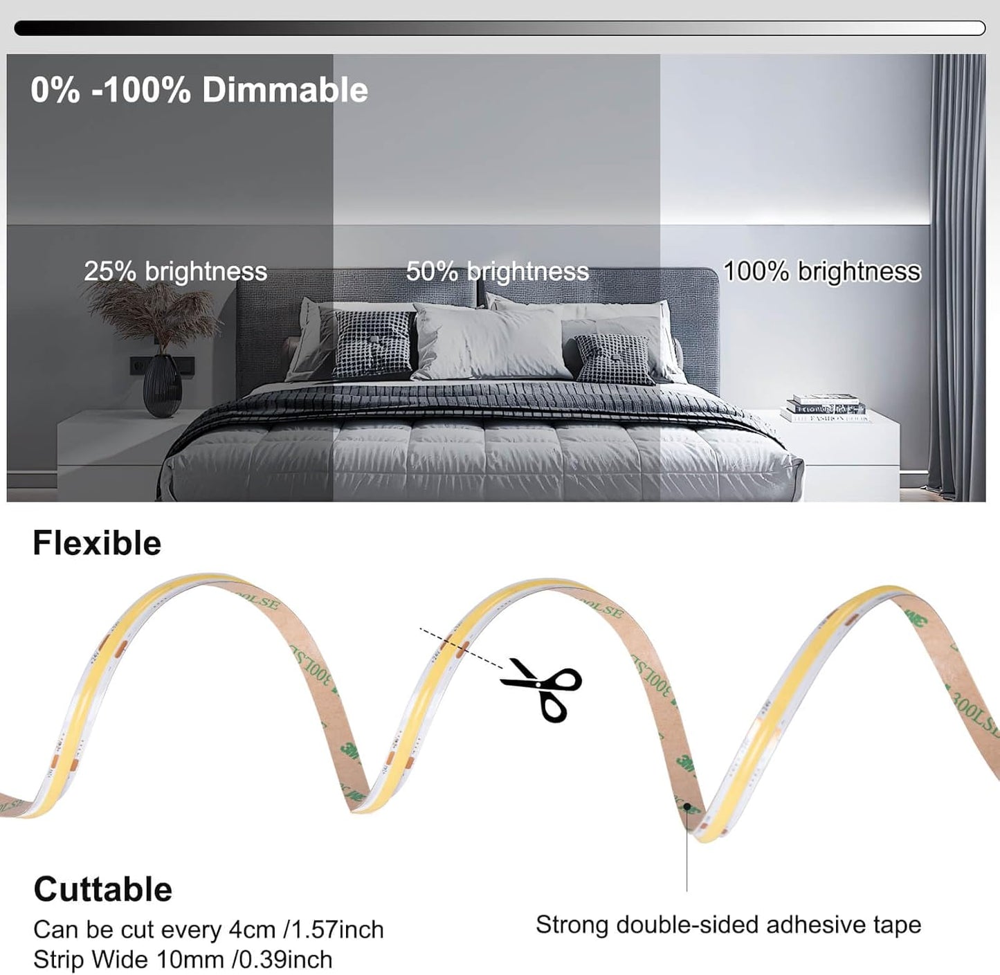 26.2ft DC 24V COB LED 8M Strip Lights 6000K Dimmable with RF Remote Control/Bluetooth APP Control Kit