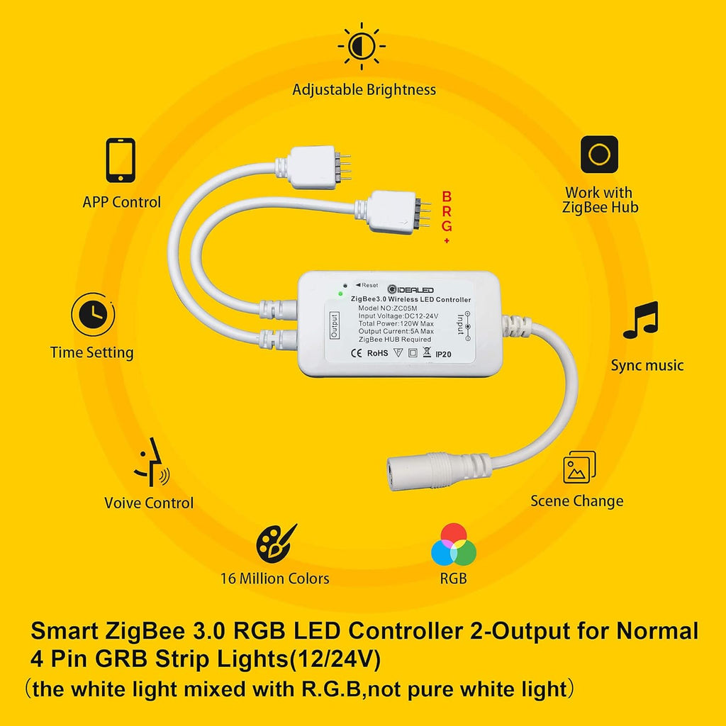 GIDEALED 2 Pack Smart ZigBee 3.0 LED Controller 2-Output for 4 Pin RGB StripLights Dimmable Compatible with Hub Bridge,Amazon Echo Plus,Echo Show(2Gen) App/Alexa Voice Control Ambiance Lighting