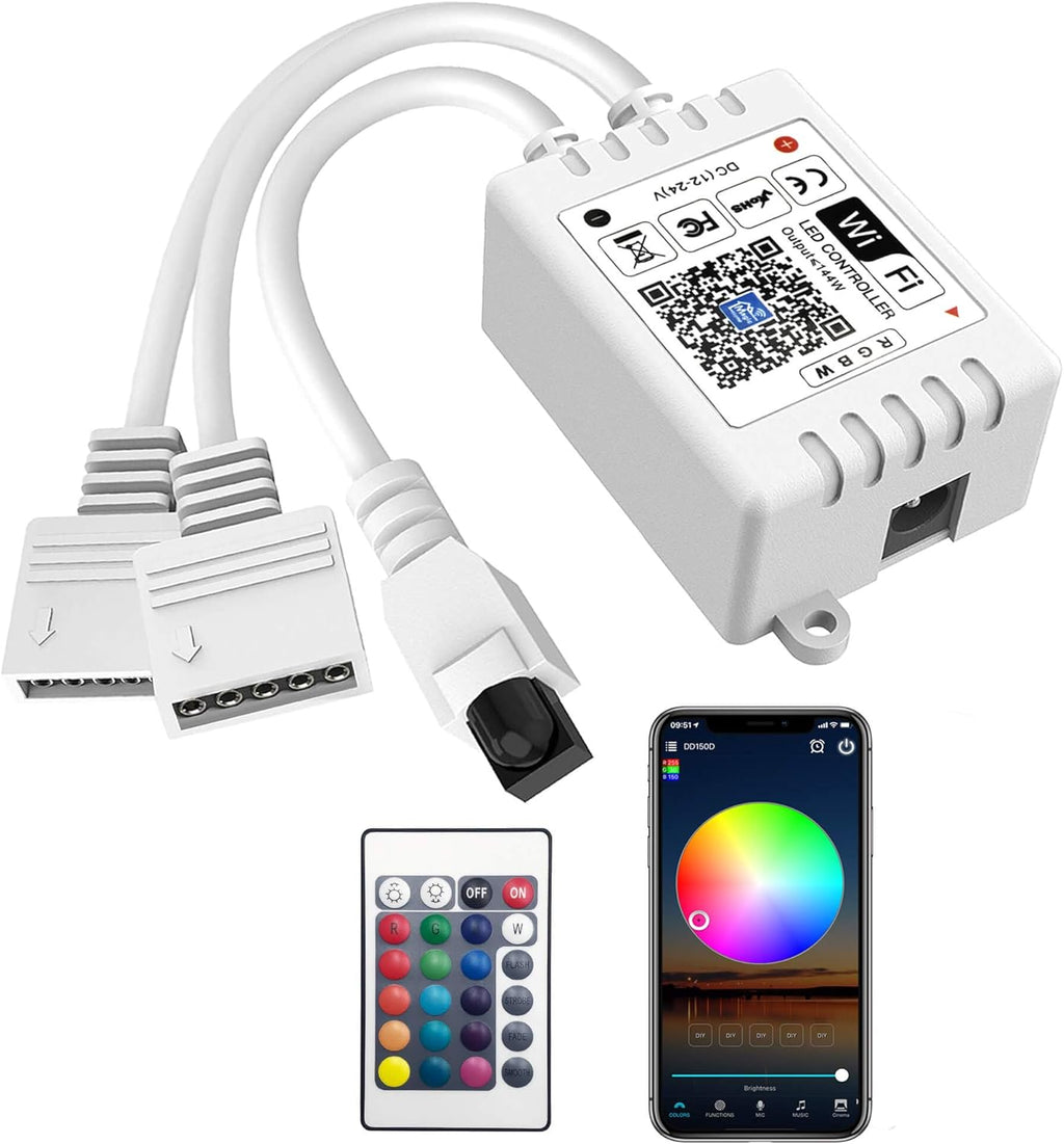 GIDEALED Smart WiFi RGBW LED Controller 2-Output 5 Pin with 24-Key Remote,Compatible with Alexa&Google Assistant,Voice/APP Control Strip Lights for Android/iOS System(WiFi LED Controller Only)