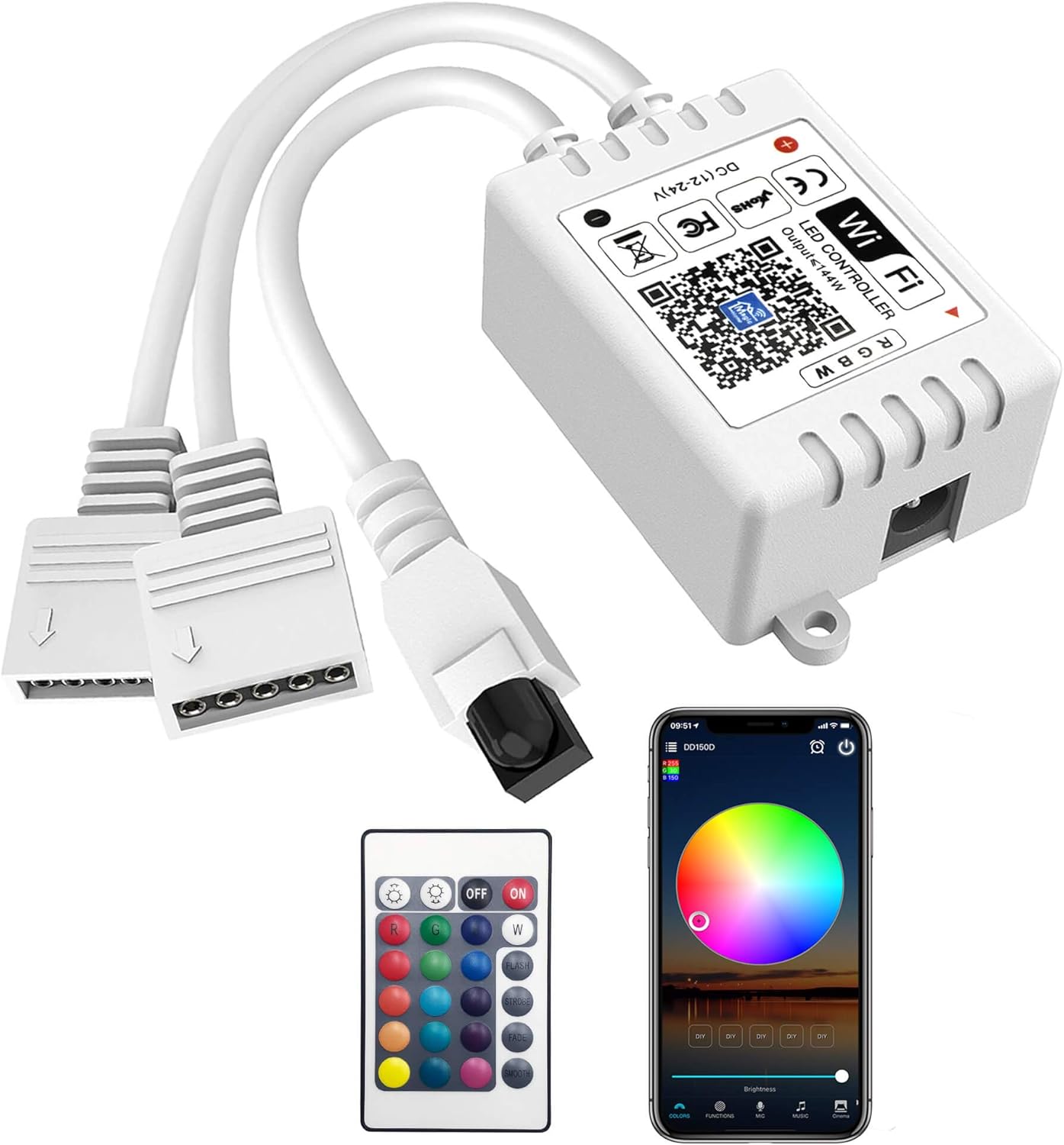 WiFi RGBW LED Controller 5 Pin 2-Output with 24-Key Remote, Alexa & Google Assistant Compatible, Voice/App Control for LED Strip Lights, Android/iOS
