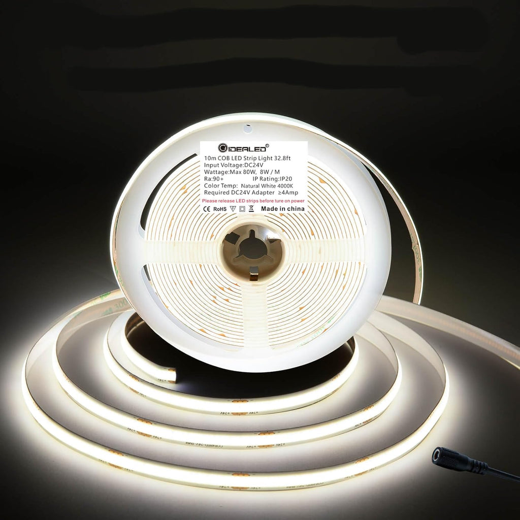 GIDEALED 32.8ft 24V COB LED Strip Light 4000K,Daylight White LED Strip COB,High Density Uniform Flexible FCOB LED Light Strip Under Cabinet Lighting,Don't Include Power Supply and LED Controller