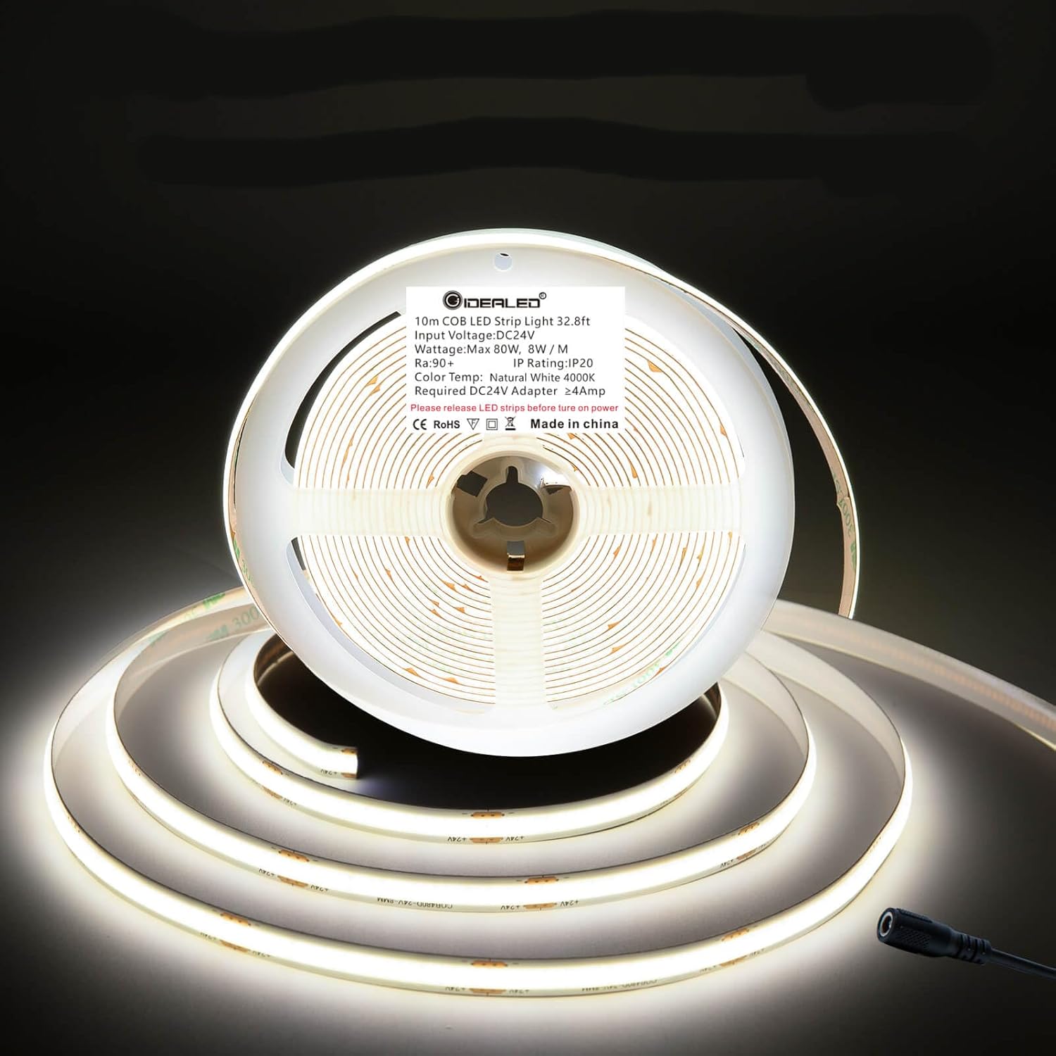 GIDEALED 32.8ft 24V COB LED Strip Light 4000K,Daylight White LED Strip COB,High Density Uniform Flexible FCOB LED Light Strip Under Cabinet Lighting,Don't Include Power Supply and LED Controller