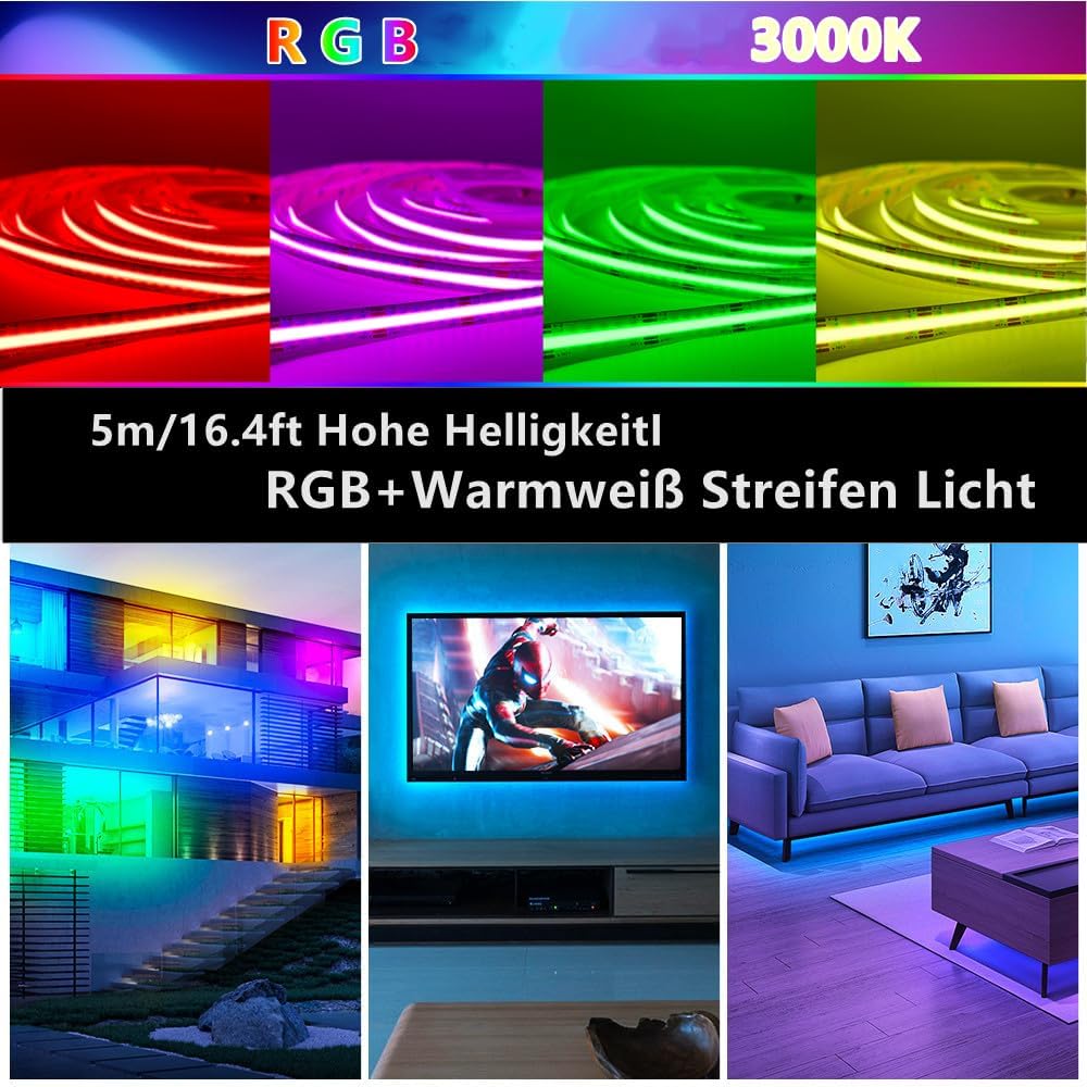 GIDEALED 24V COB RGBW LED Strip Light,Flexible High Density Uniform RGBWW LED Strip Dimmable for Ambient Lighting,RGB Warm White FCOB LED Strip 16.4ft,Don't Include Power Supply and LED Controller