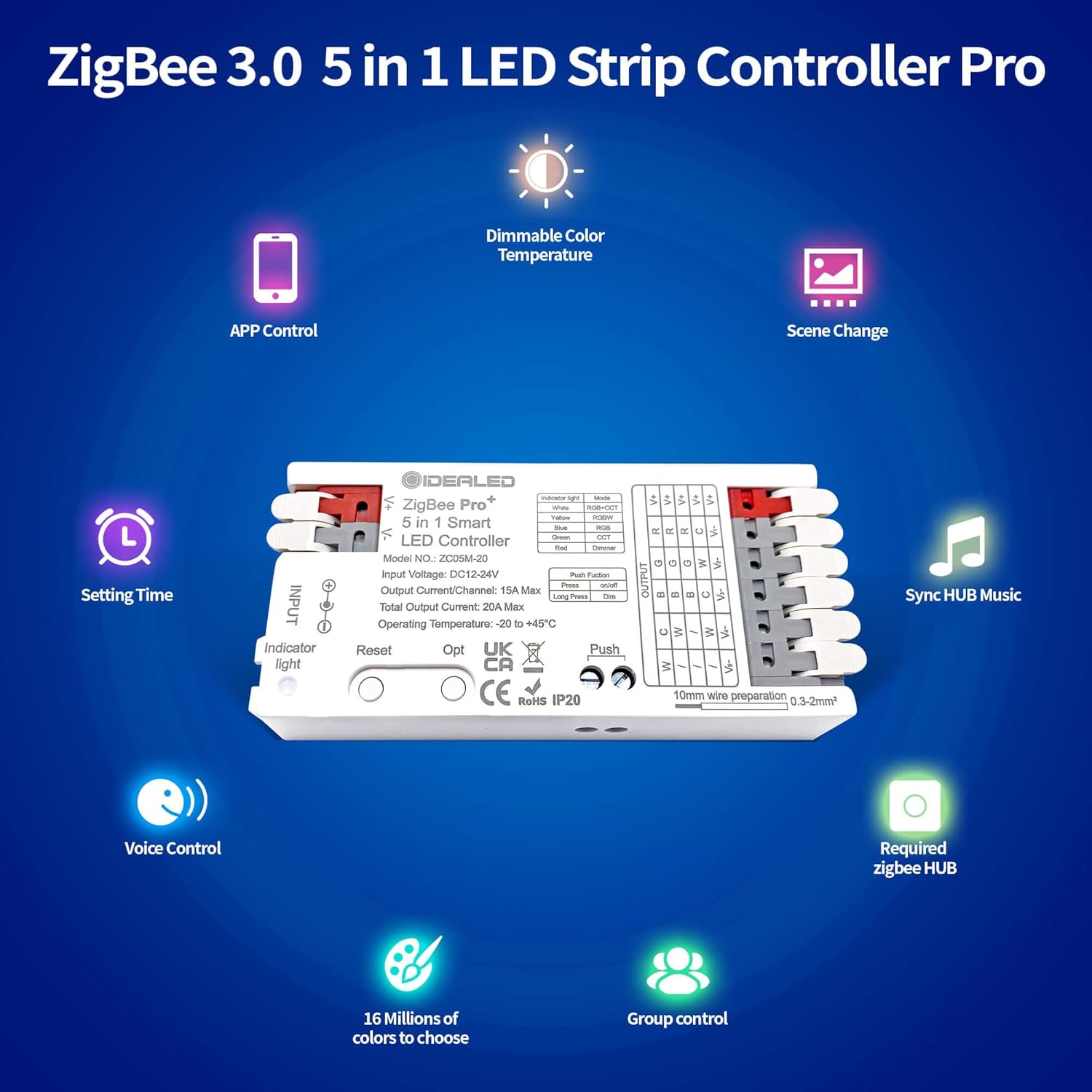 GIDEALED Smart ZigBee 3.0 LED Controller 5 in 1,Require ZigBee Hub Bridge for RGBWW RGBW RGB CCT COB LED Strip Light Dimmable 1%~100%,Support Hub APP/Alexa Echo Plus Voice Control Color Changing
