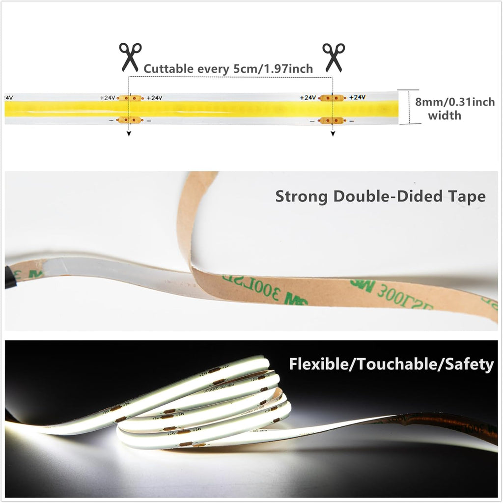 GIDEALED 24V COB LED Strip Light 4000k,Daylight White led Strip COB 2400 LEDs Super Bright Flexible Light Under Cabinet Lighting,High Density Uniform and Soft Lighting,16.4ft FCOB Lightstrip only
