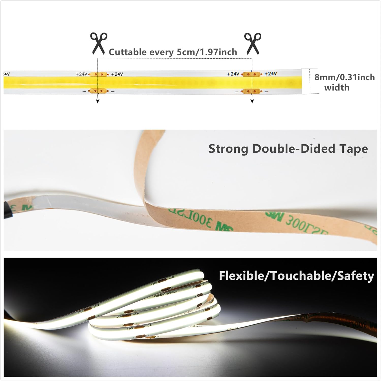 GIDEALED 32.8ft COB LED Strip Light 24V 6000K,Super Bright White LED Strip Lights Cool White,CRI 90 Flexible FCOB LED Strip for Under Cabinet Ambiance Lighting,Don't Include Power Supply&Dimmer