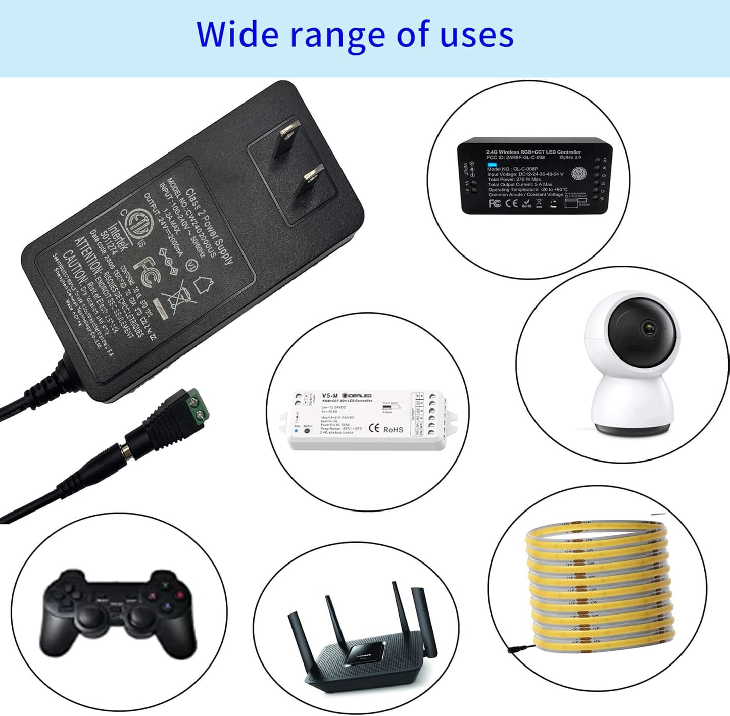 24V 2Amp  Power Supply Only Adapter for COB LED Strip Light with 5.5x2.1mm Plug in