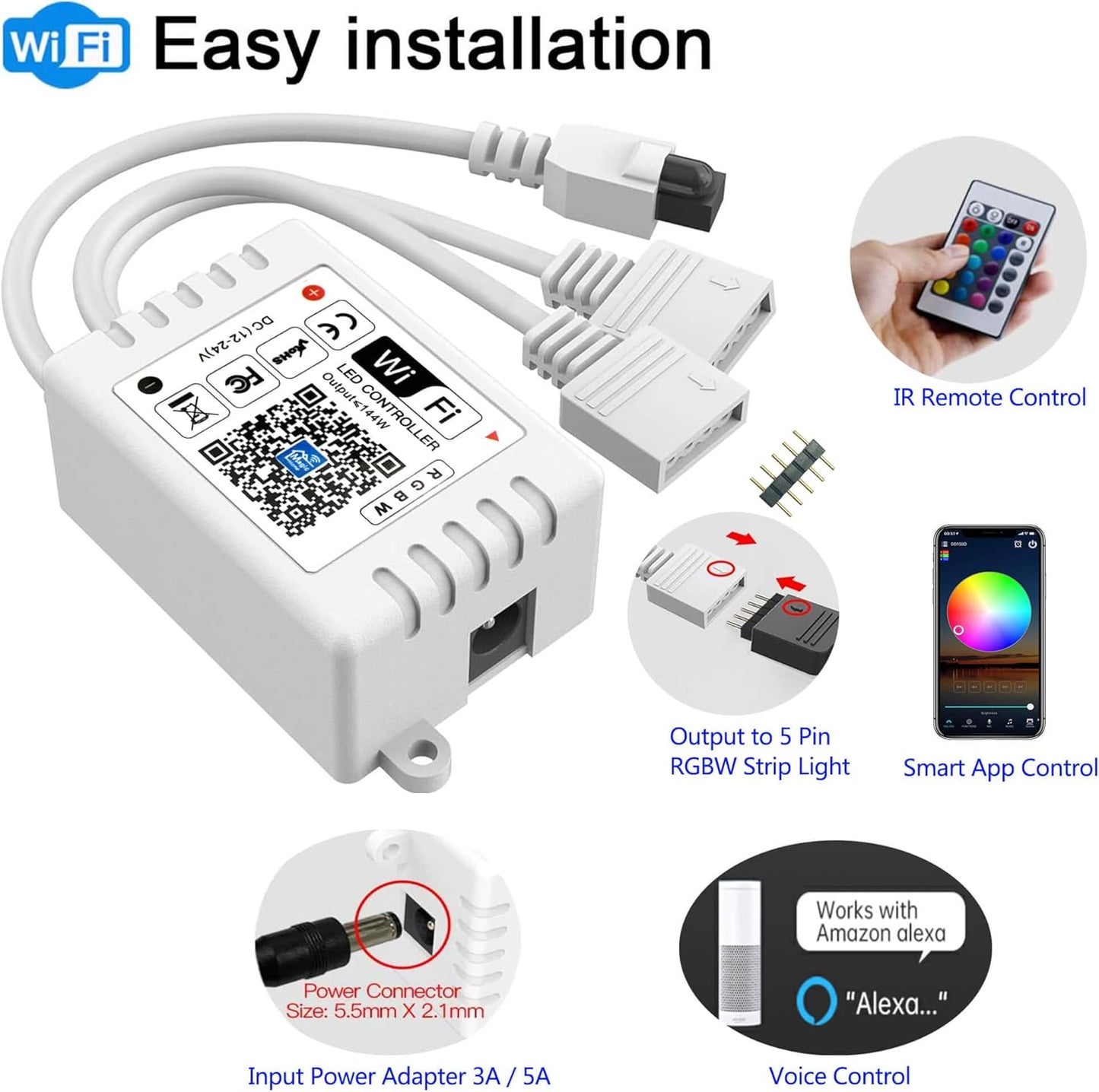 WiFi RGBW LED Controller 5 Pin 2-Output with 24-Key Remote, Alexa & Google Assistant Compatible, Voice/App Control for LED Strip Lights, Android/iOS