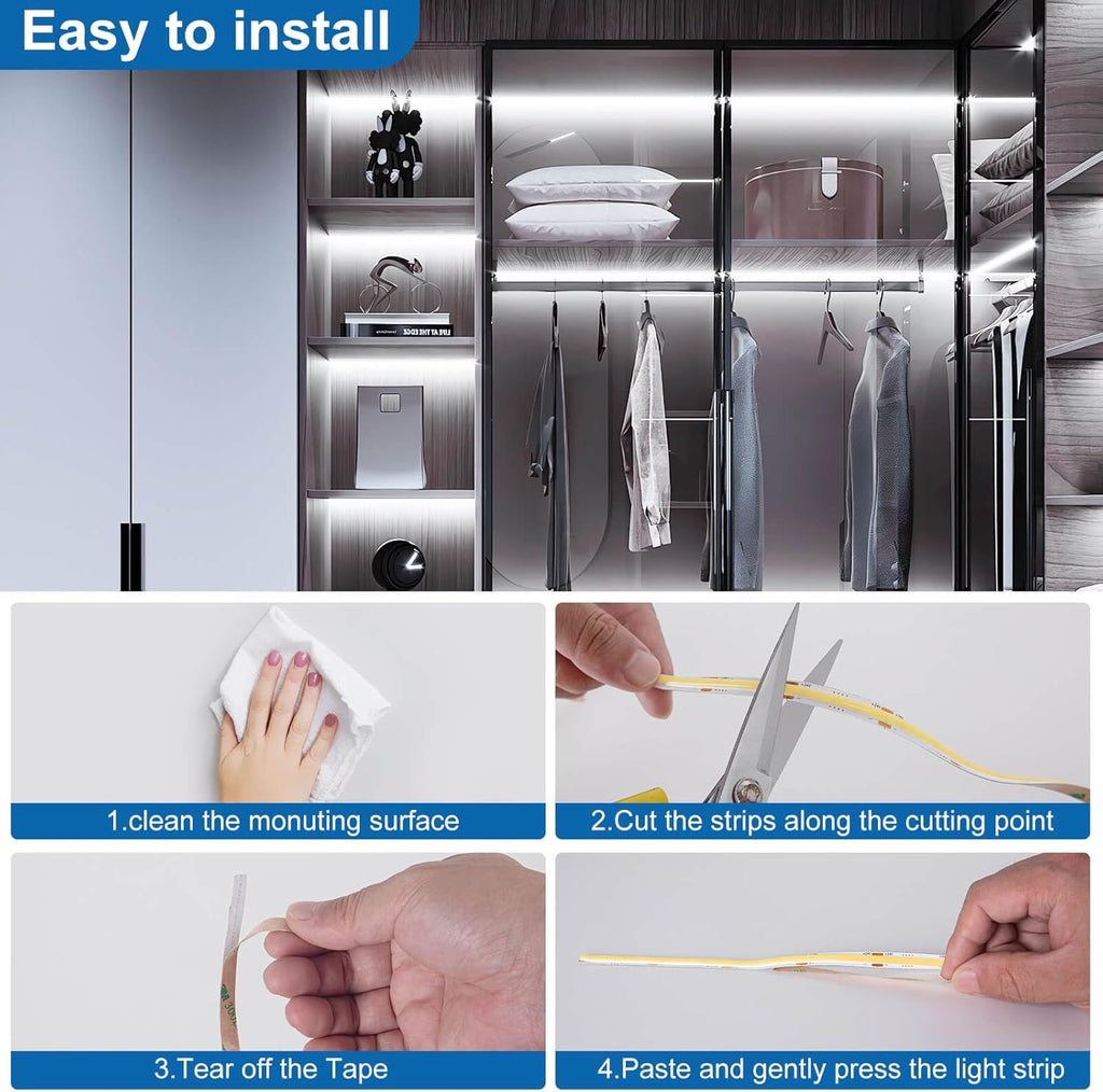 GIDEALED 26.2ft DC 24V COB LED Strip Lights Dimmable Kit,6000K Cool White Flexible LED Light Strip with RF Remote Control/Bluetooth APP Control for Bedroom/Kitchen Decoration