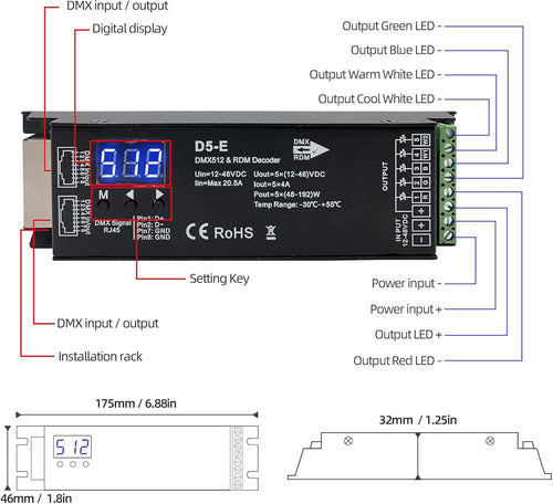 5 Channel DMX Decoder with RDM Digital Display,DMX512 Dimmer Driver PWM RGBCCT LED Controller for RGBWW RGBW or 5group White lightstrips LED Module Light Input 12V-48VDC