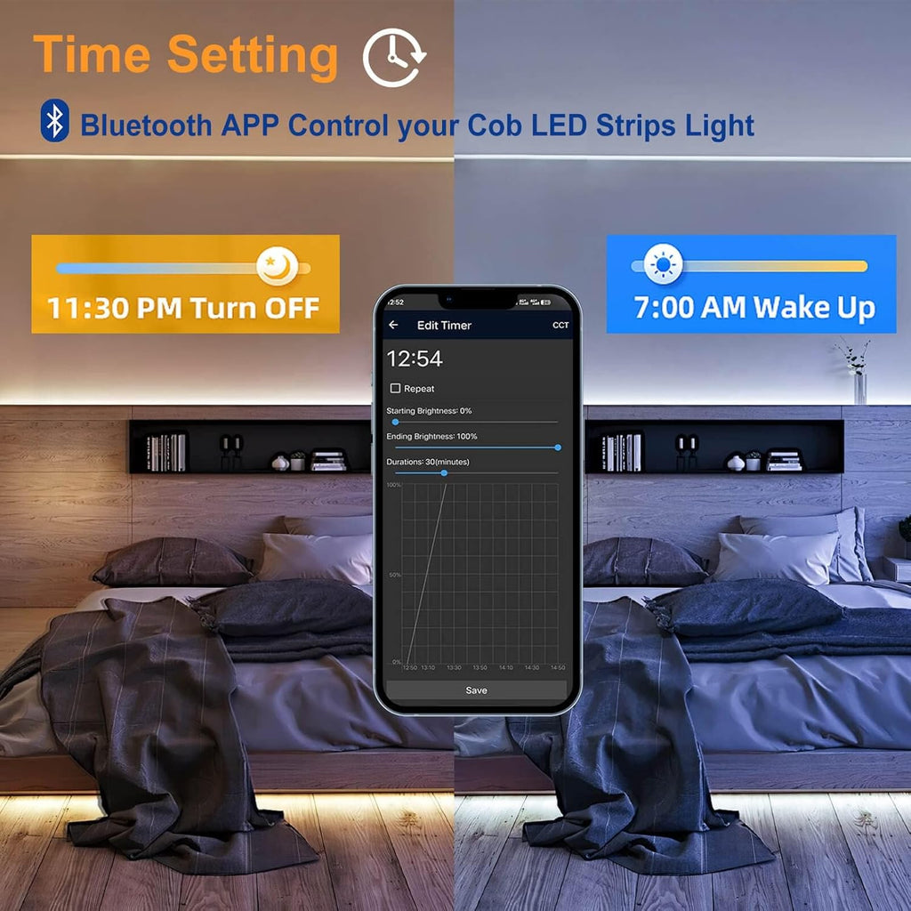 GIDEALED CCT COB LED Strip Light Dimmable Kit 2700K~6500K Warm/Cool White 24v COB LED Strip 16.4ft Tunable by RF Remote Control&Bluetooth Smart APP,Flexible 2880 LEDs Strip Include 24V Power Supply