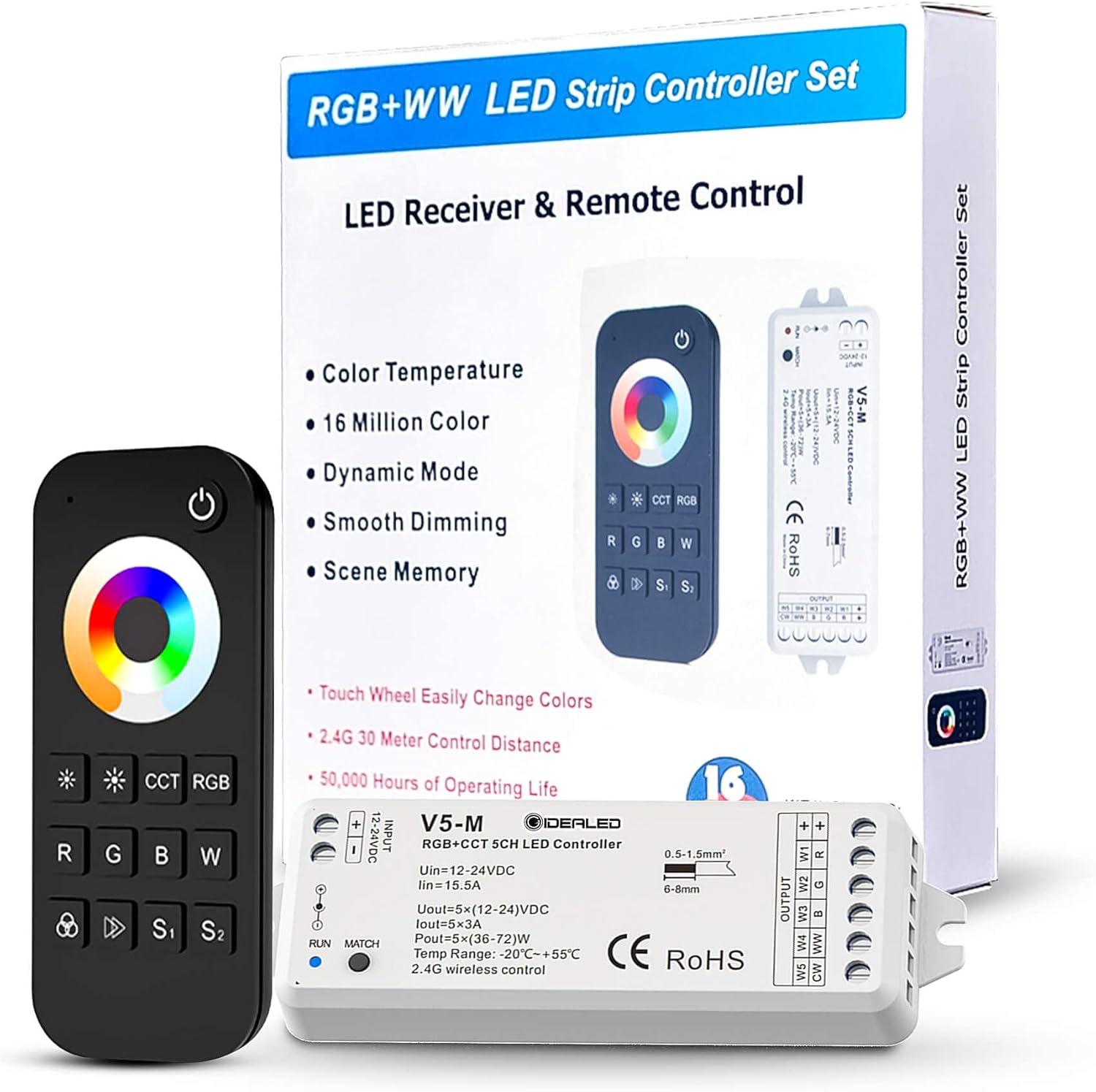 GIDEALED 2.4G Wireless 5 Channel RGBCCT LED Controller with RF Remote Control,Dimming 5 in 1 RGBWW LED Strip Controller for RGBW RGBWW RGB CCT Light Strips Color Chaning DC12V-24V