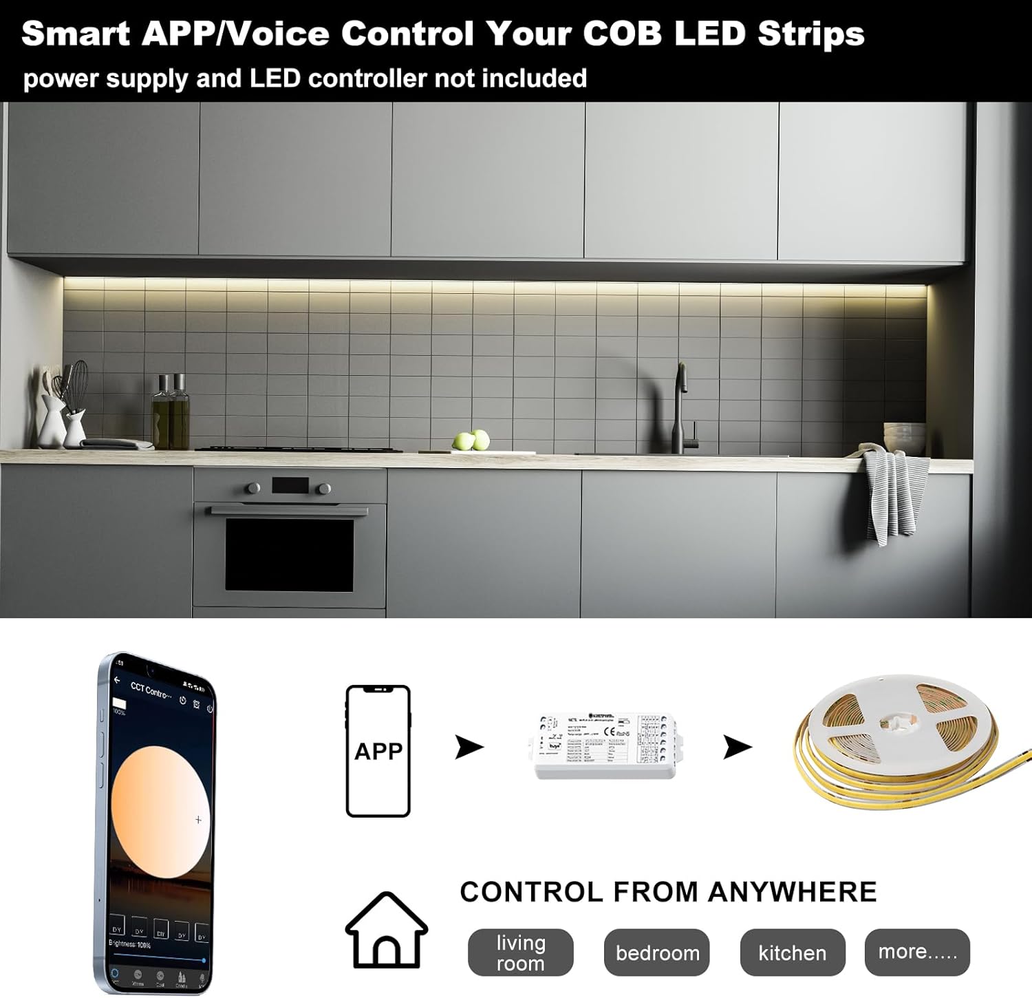 GIDEALED 32.8ft 24V COB LED Strip Light 4000K,Daylight White LED Strip COB,High Density Uniform Flexible FCOB LED Light Strip Under Cabinet Lighting,Don't Include Power Supply and LED Controller