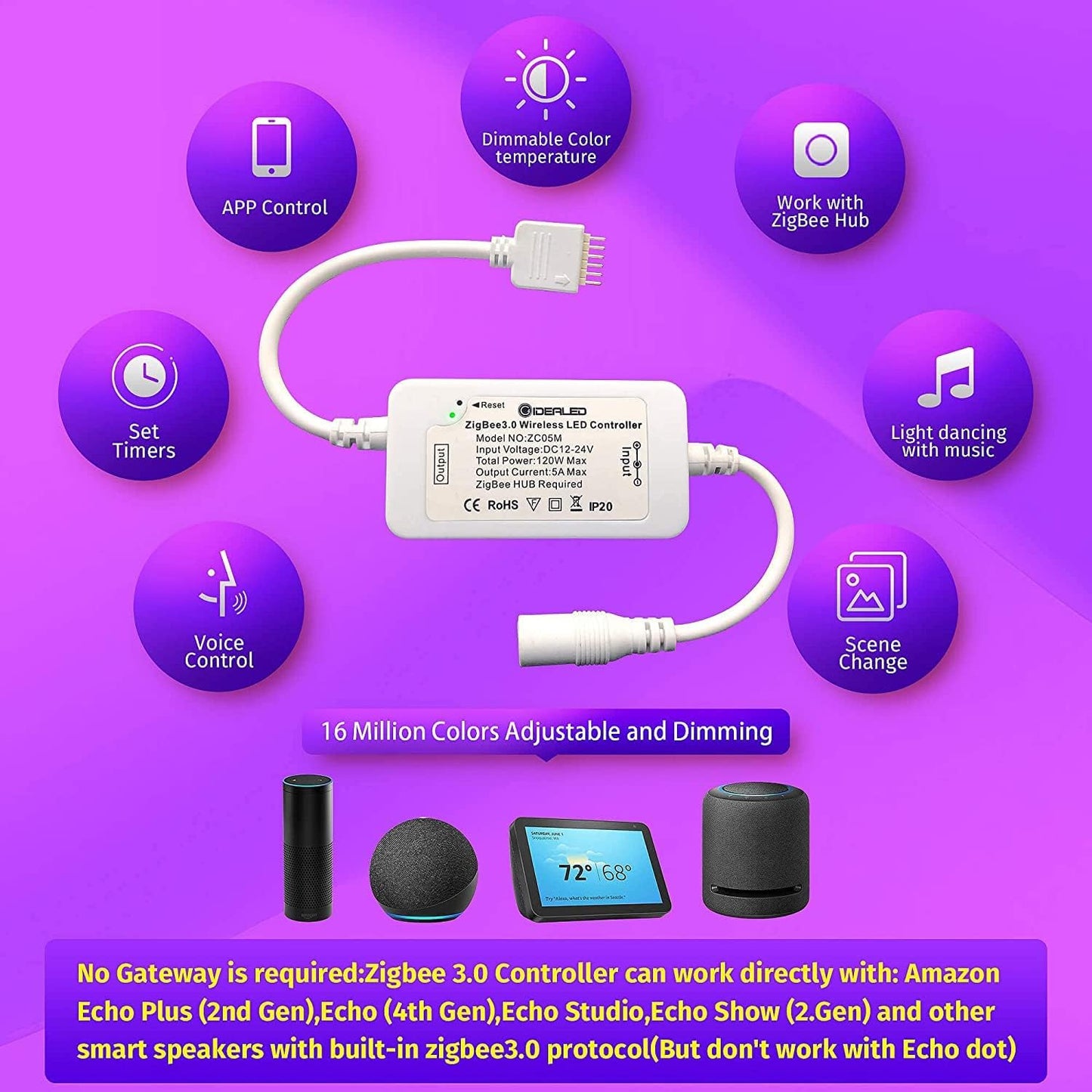 Smart ZigBee 3.0 RGBCCT LED Strip 16.4ft Kit, 5m RGBWW Lightstrip plus