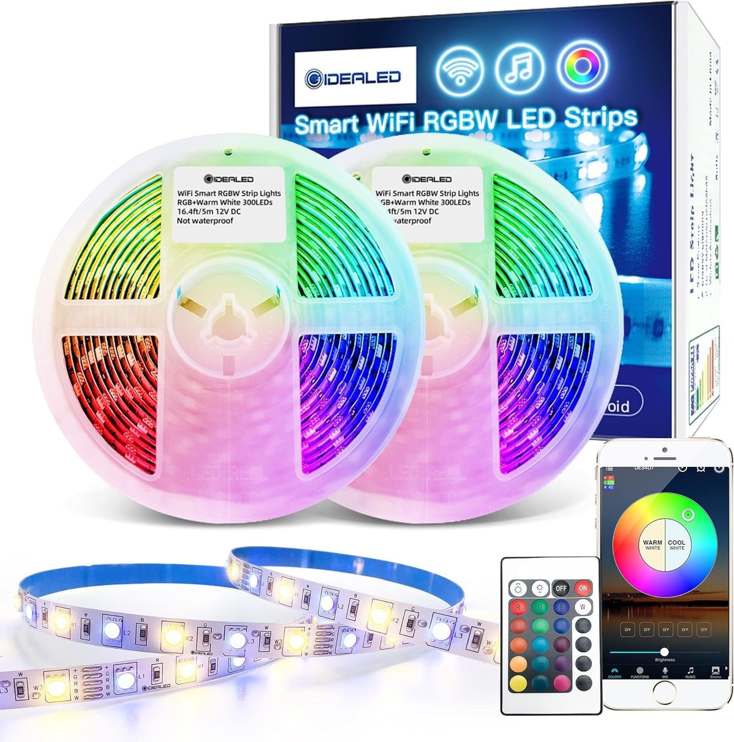 Smart 32.8ft 10M  WiFi RGBW LED Strip Light Kit Support Compatible with Alexa Google Assitant,Voice Control, via RF Remote &APP Control,RGB&Warm White