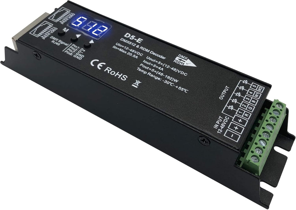 5 Channel DMX Decoder with RDM Digital Display,DMX512 Dimmer Driver PWM RGBCCT LED Controller for RGBWW RGBW or 5group White lightstrips LED Module Light Input 12V-48VDC