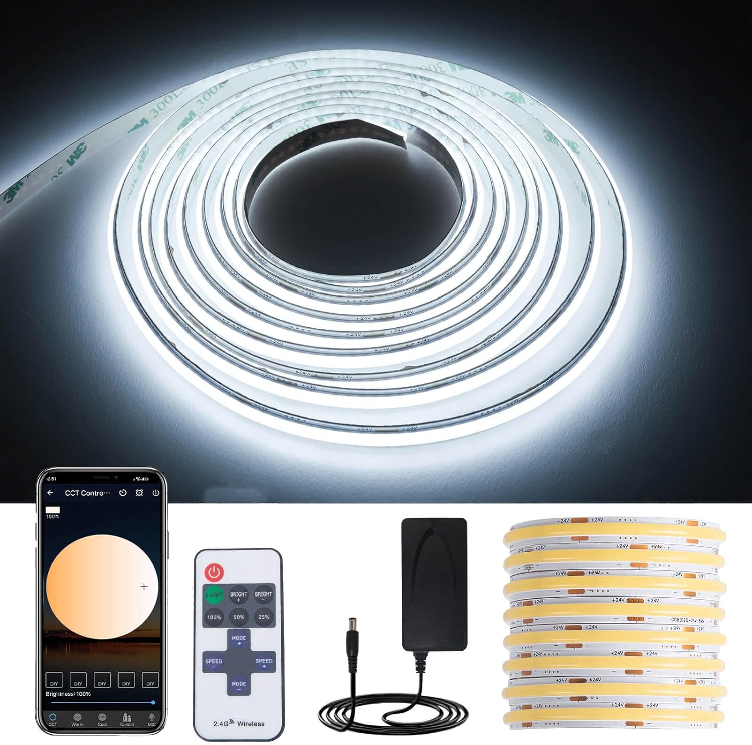 GIDEALED 26.2ft DC 24V COB LED Strip Lights Dimmable Kit,6000K Cool White Flexible LED Light Strip with RF Remote Control/Bluetooth APP Control for Bedroom/Kitchen Decoration