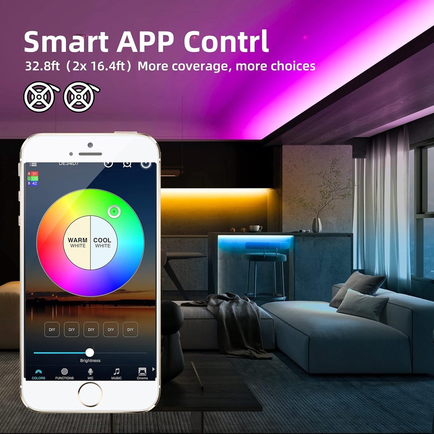 Smart 32.8ft 10M  WiFi RGBW LED Strip Light Kit Support Compatible with Alexa Google Assitant,Voice Control, via RF Remote &APP Control,RGB&Warm White