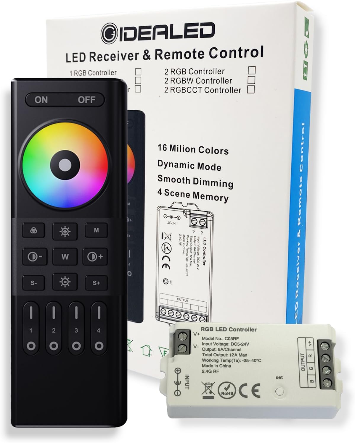 GIDEALED RGB LED Strip Controller,with 4 Zones RF 2.4G Wireless Remote Control,4 Wires COB LED Strip Controller for DC5V~24V Light Strip Color Changing Dimming 1%~100%