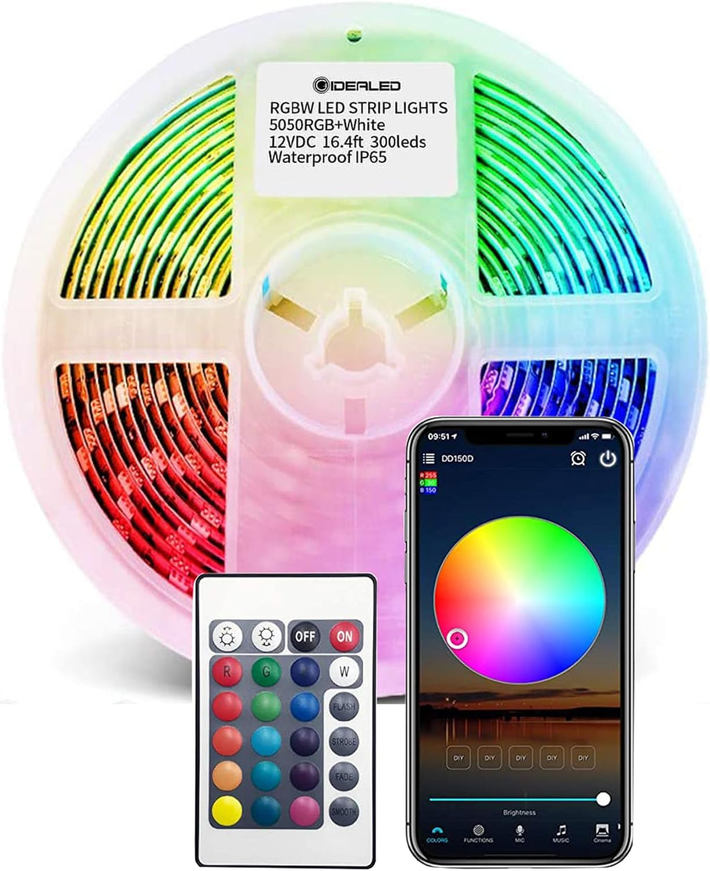 GIDEALED Smart WiFi RGBW LED Strip Lights Kit Compatible with Alexa and Google Assistant,RGBW LED Controller with 24 Keys RF Romote & APP Control, and Power Supply 12V, No ZigBee Hub Required