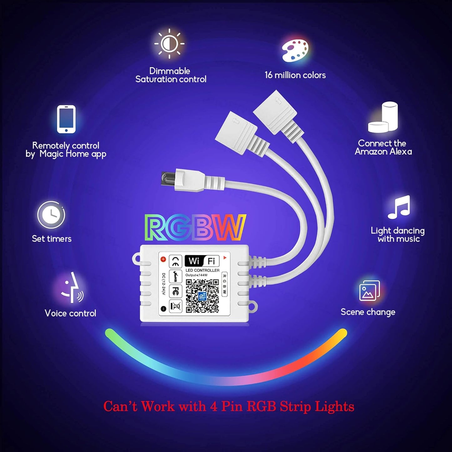 WiFi RGBW LED Controller 5 Pin 2-Output with 24-Key Remote, Alexa & Google Assistant Compatible, Voice/App Control for LED Strip Lights, Android/iOS