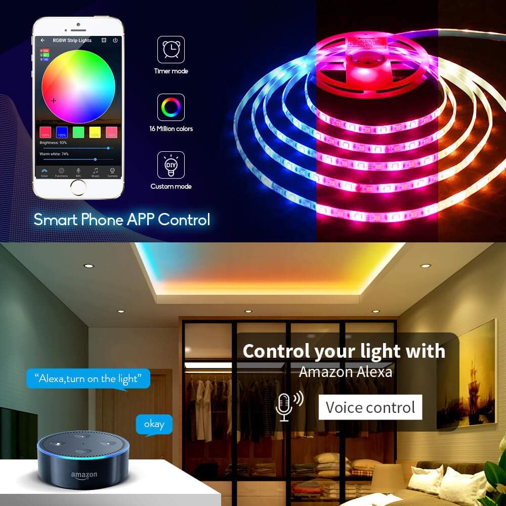 GIDEALED 16.4ft RGBW LED Light Strip, 300LEDs Indoor Multicolor Ambiance, DC12V Flexible Tape Lights